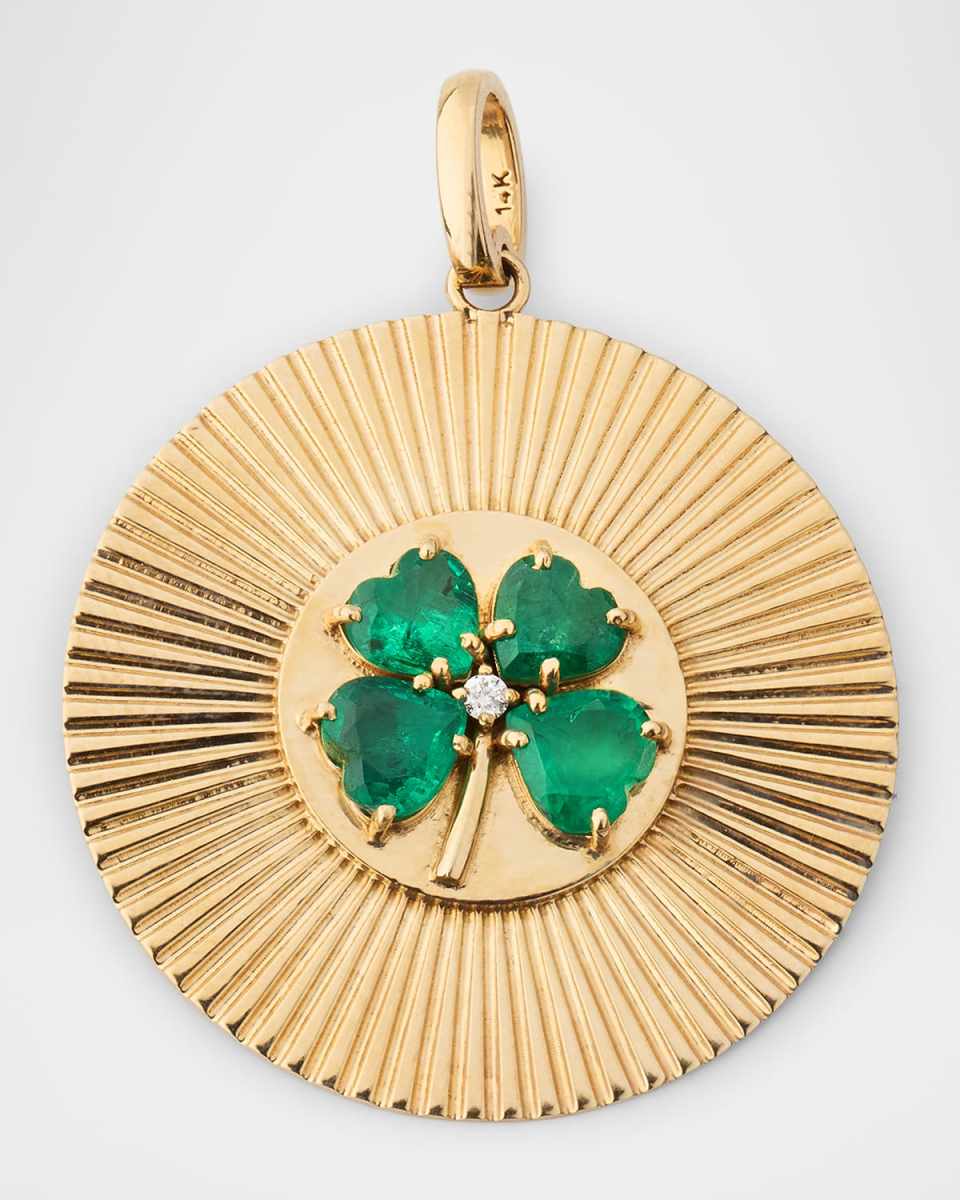 14K Yellow Gold Round Emerald and Diamond Clover Charm